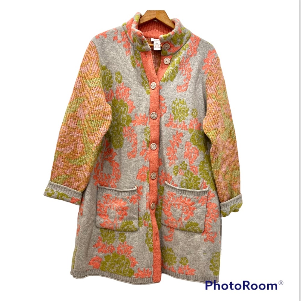 SUNDANCE Lambs Wool printed knit cardigan floral long Coat /sweater. Sz L